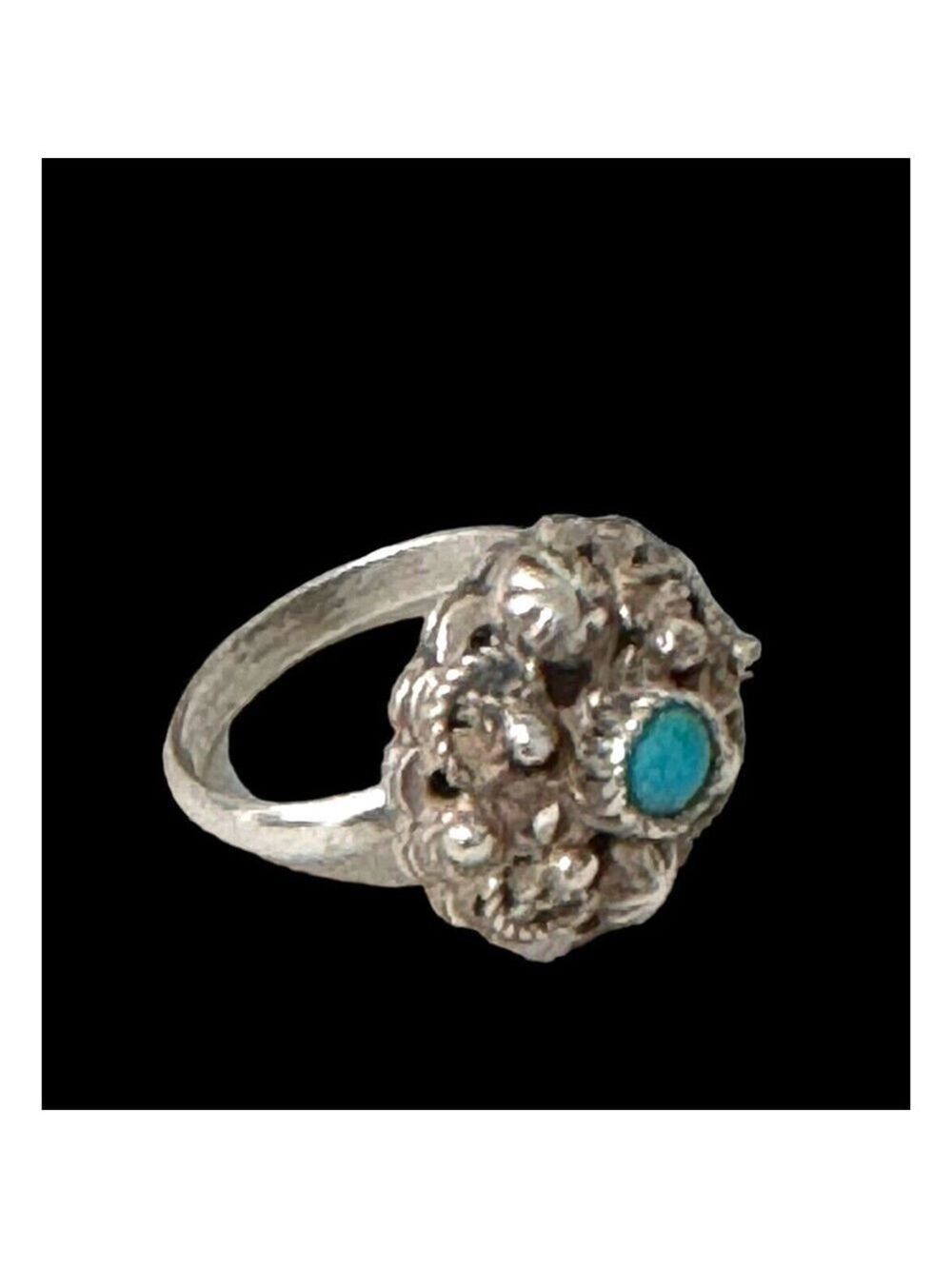 Antique Mexican Sterling Silver Filigree Flower Ring Turquoise Stone Sz 7.75 - Picture 2 of 10